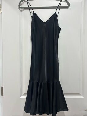 Black Satin Midi Slip Dress with Flared Hem